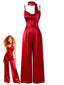 [Vorverkauf] Rot 1930er Satin Wasserfallausschnitt Spaghettiträger Jumpsuit
