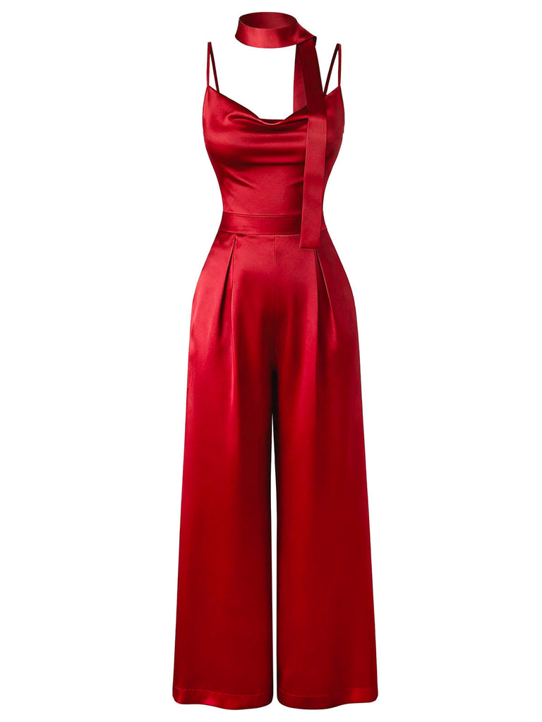 [Vorverkauf] Rot 1930er Satin Wasserfallausschnitt Spaghettiträger Jumpsuit