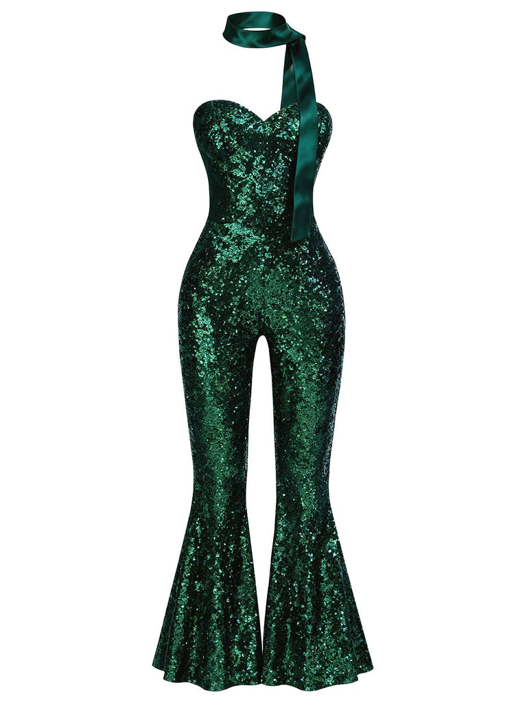 [Vorverkauf] Grün 1970er Pailletten Trägerlos Ausgestelltes Bein Jumpsuit