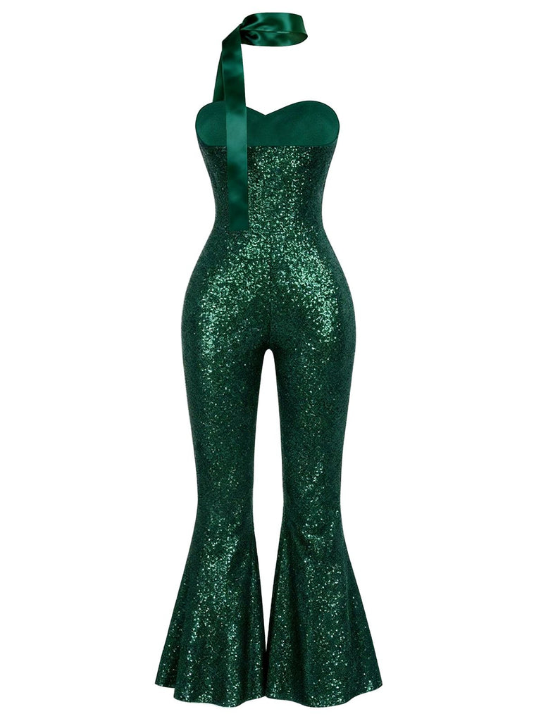 [Vorverkauf] Grün 1970er Pailletten Trägerlos Ausgestelltes Bein Jumpsuit