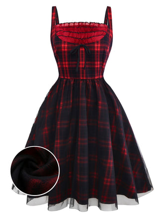 [Vorverkauf] Rot & Schwarz 1950er Plaid Bogen Netz Kleid