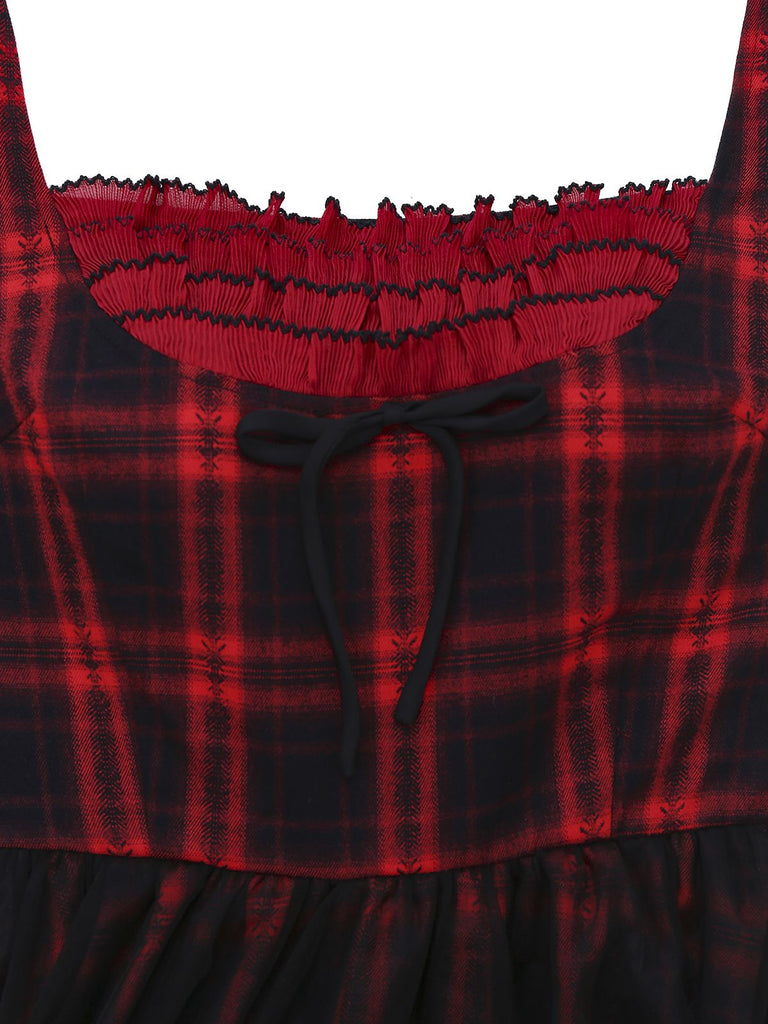 [Vorverkauf] Rot & Schwarz 1950er Plaid Bogen Netz Kleid