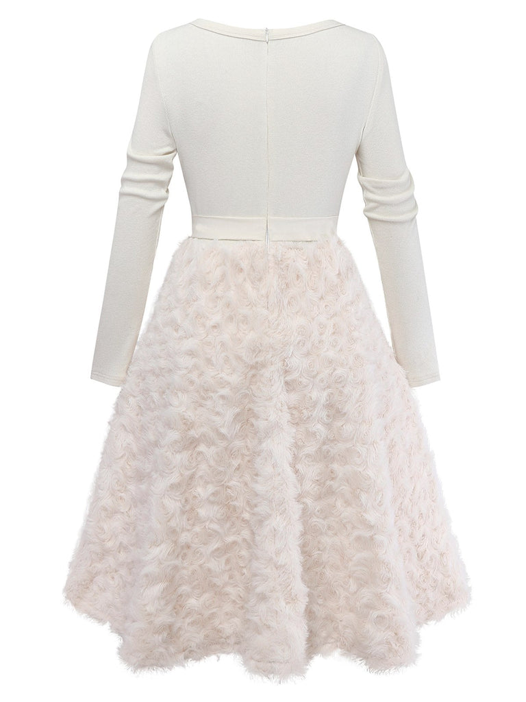 [Vorverkauf] Beige 1950er Schlüsselloch Bogen Stricken Plüsch Kleid