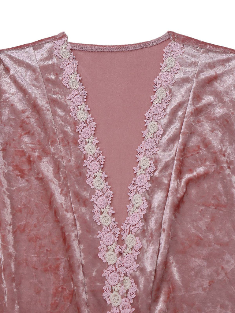 [Vorverkauf] Rosa 1930er Samt Spitze Blumen Stickerei Robe