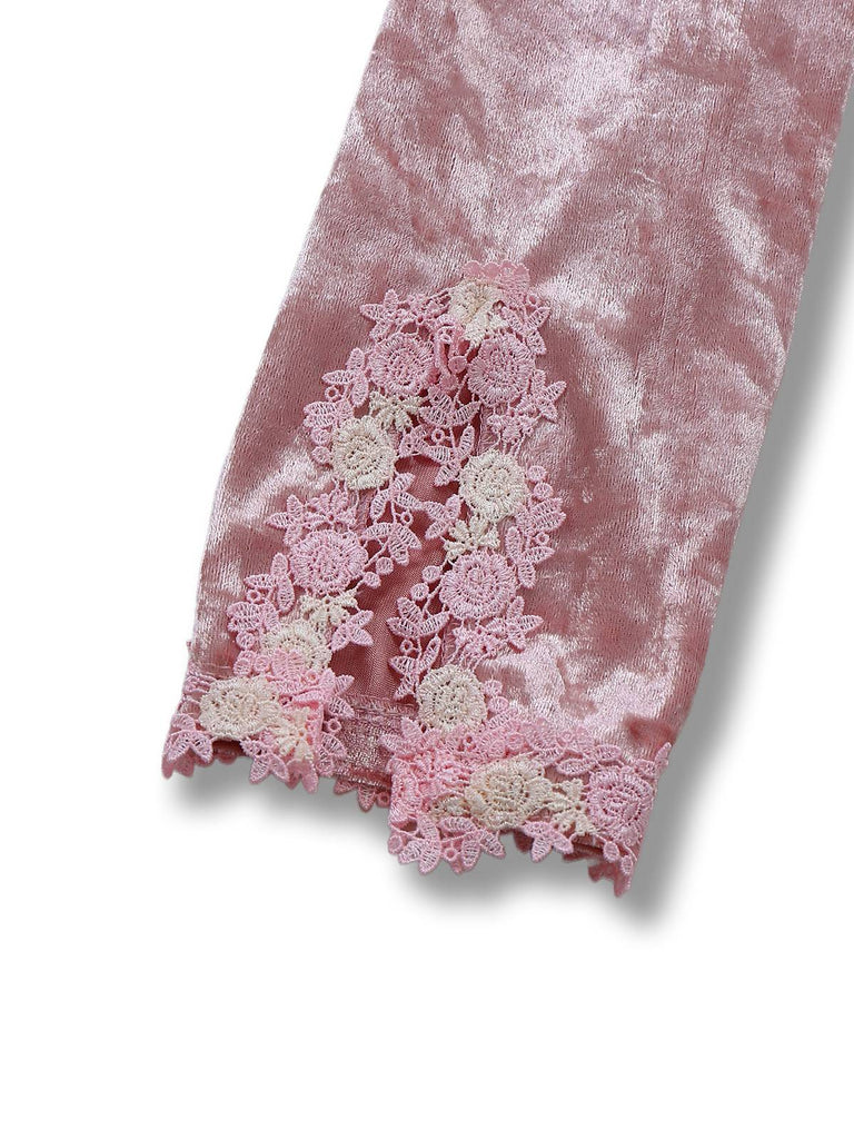 [Vorverkauf] Rosa 1930er Samt Spitze Blumen Stickerei Robe