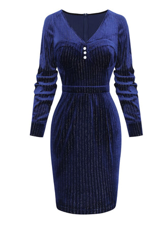 [Vorverkauf] Blau 1960er V-Ausschnitt Glitter Samt Bleistift Kleid