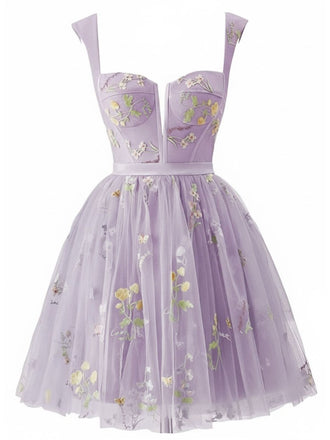 Lila 1970er Besticktes Blumen Spitze Mini Kleid