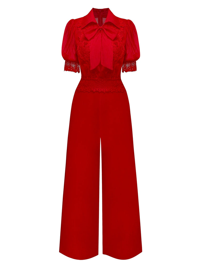1950er Solide Revers Blumen Spitze Bindekragen Jumpsuit