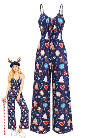 Blau 1930er Weihnachten Elemente Gedruckt Träger Jumpsuit