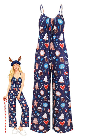 Blau 1930er Weihnachten Elemente Gedruckt Träger Jumpsuit