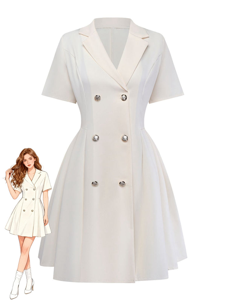 Beige 1970er Zweireihig Revers Plissiertes Kleid