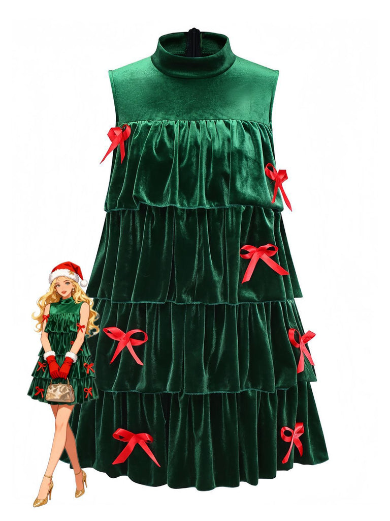 Grün 1960er Samt Bogen Stehkragen Abgestuft Kleid