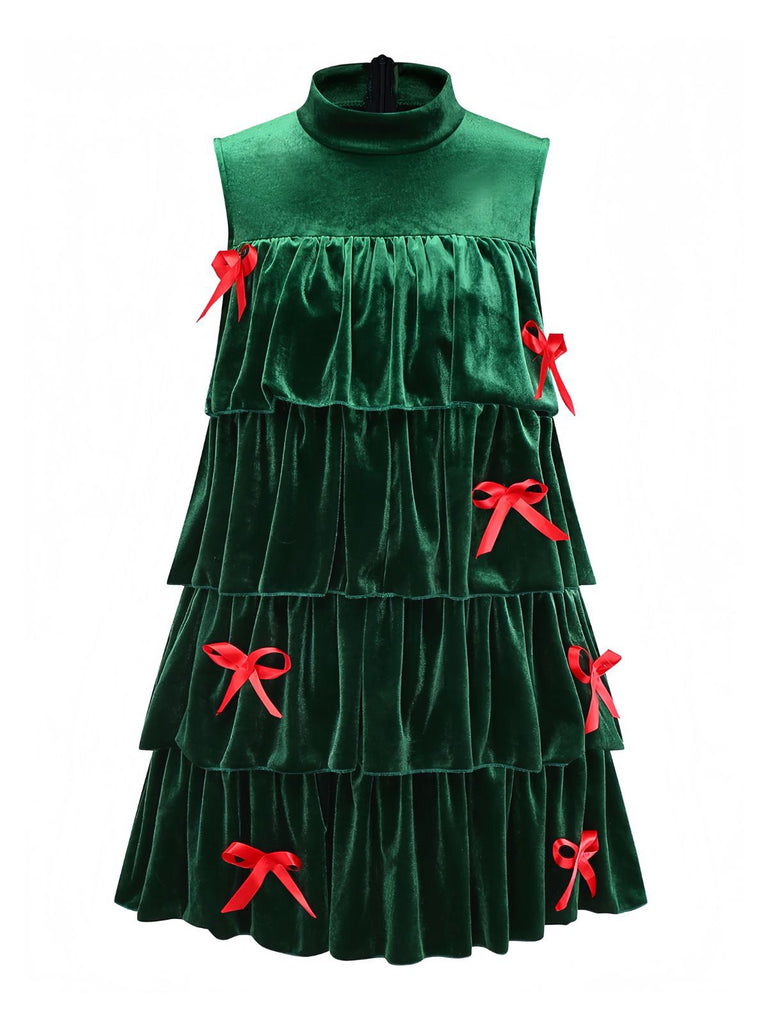 Grün 1960er Samt Bogen Stehkragen Abgestuft Kleid