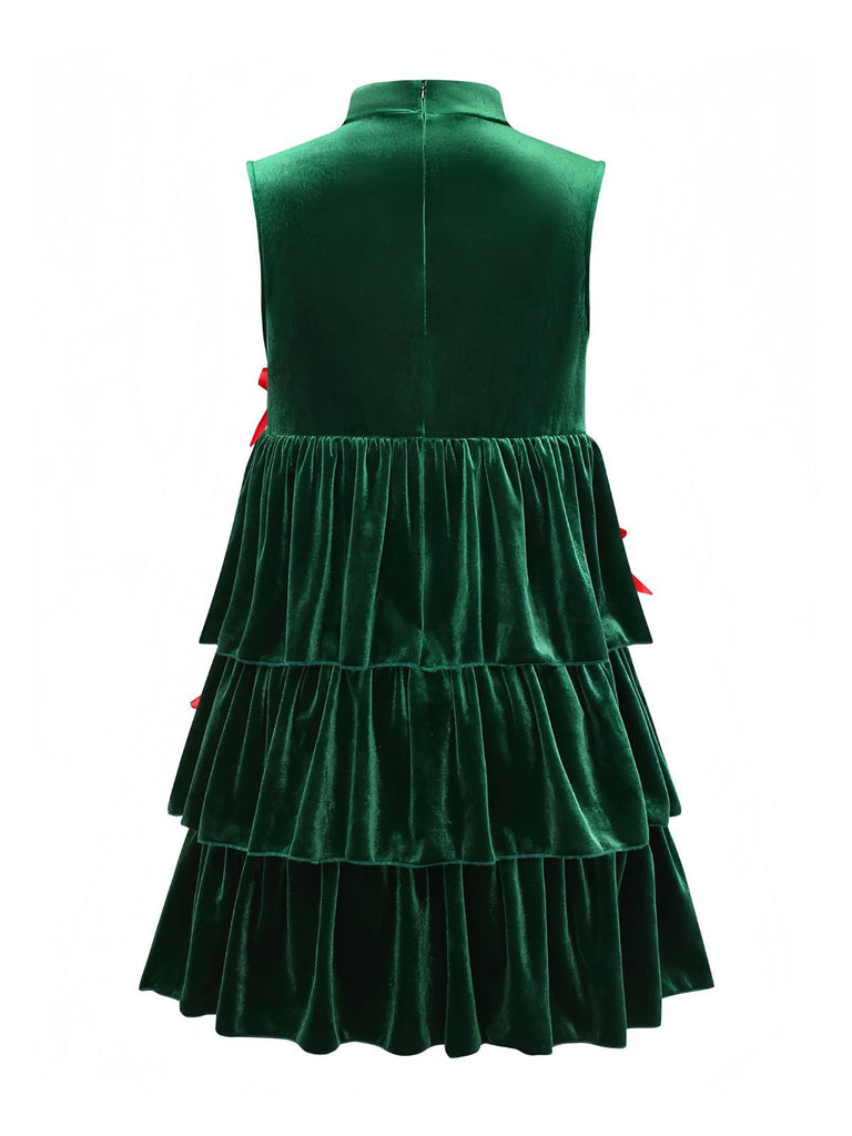 Grün 1960er Samt Bogen Stehkragen Abgestuft Kleid