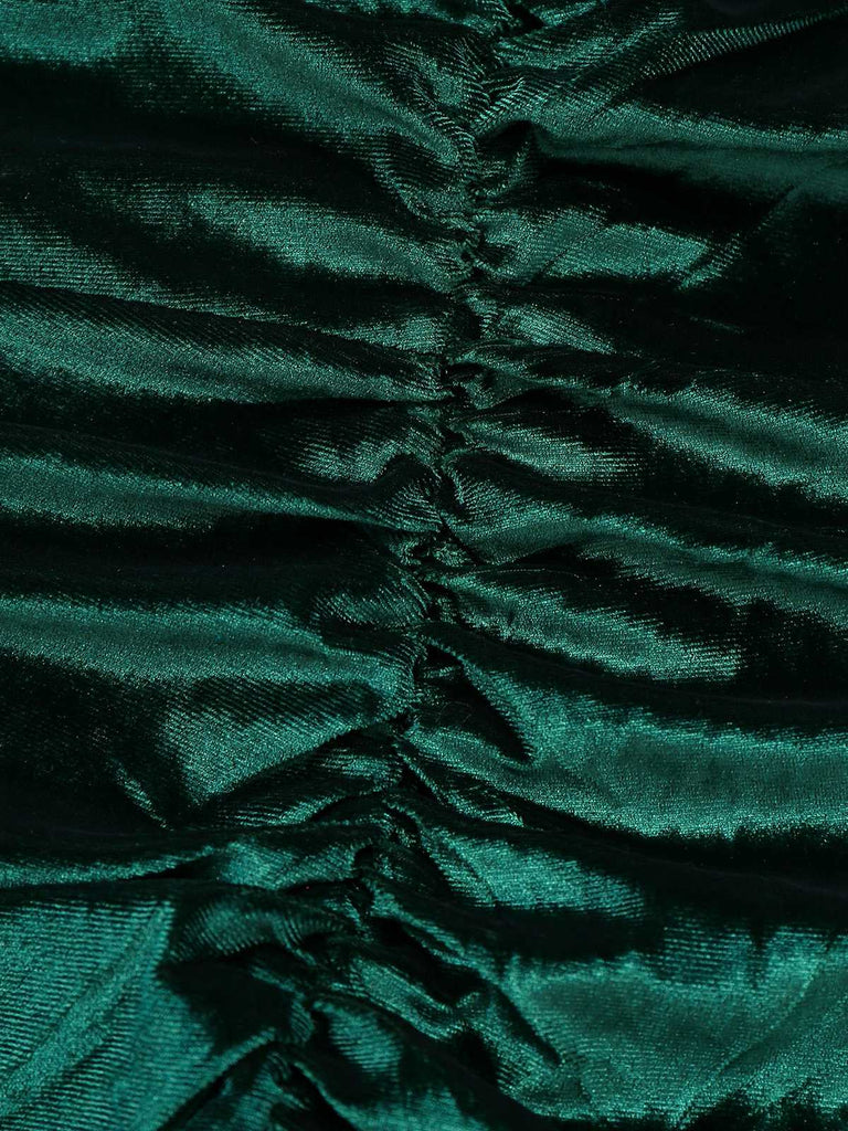 Grün 1960er Samt Gerüschtes Langarm Enges Kleid