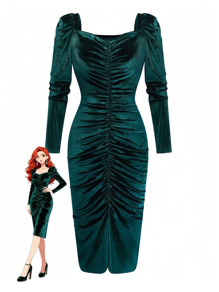 Grün 1960er Samt Gerüschtes Langarm Enges Kleid