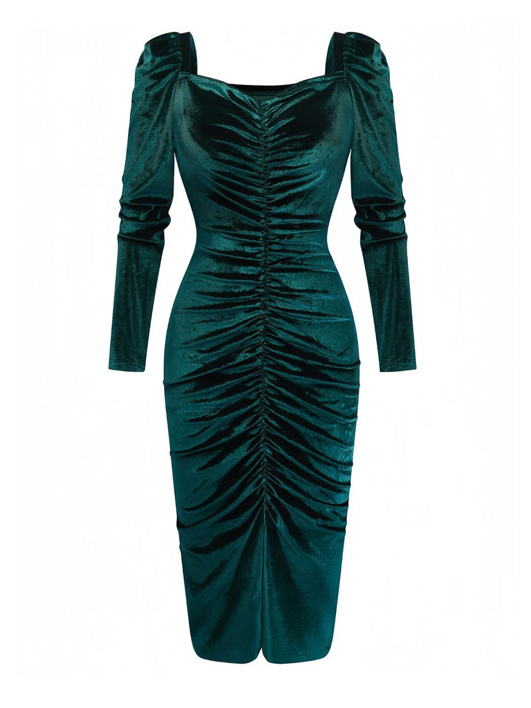 Grün 1960er Samt Gerüschtes Langarm Enges Kleid