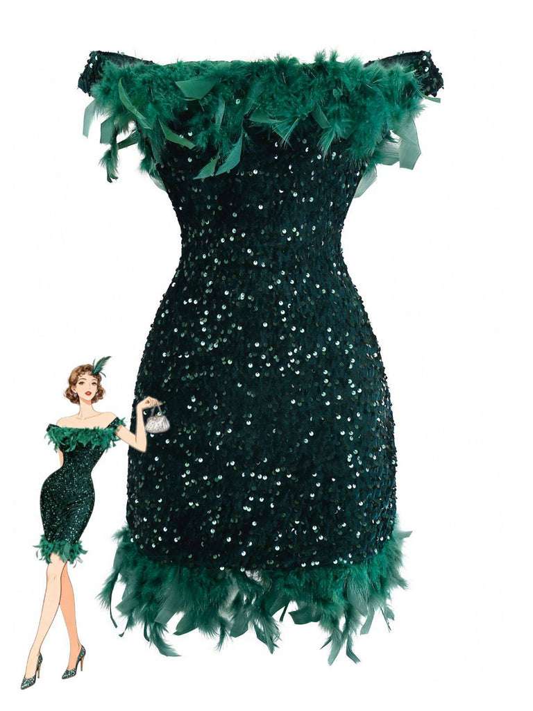 Grün 1960er Schulterfrei Pailletten Feder Enges Kleid