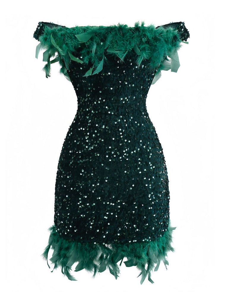 Grün 1960er Schulterfrei Pailletten Feder Enges Kleid