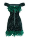 Grün 1960er Schulterfrei Pailletten Feder Enges Kleid