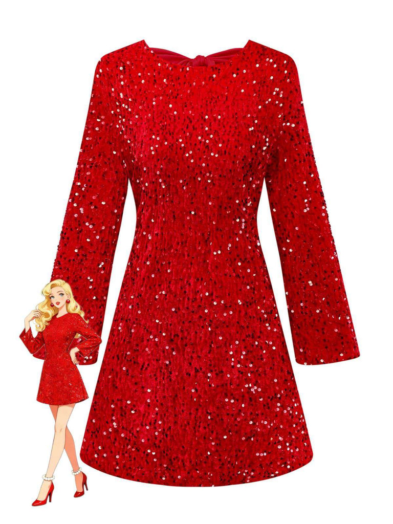 Rot 1960er Pailletten Bogen Rundhals Langarm Kleid