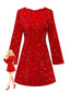 Rot 1960er Pailletten Bogen Rundhals Langarm Kleid