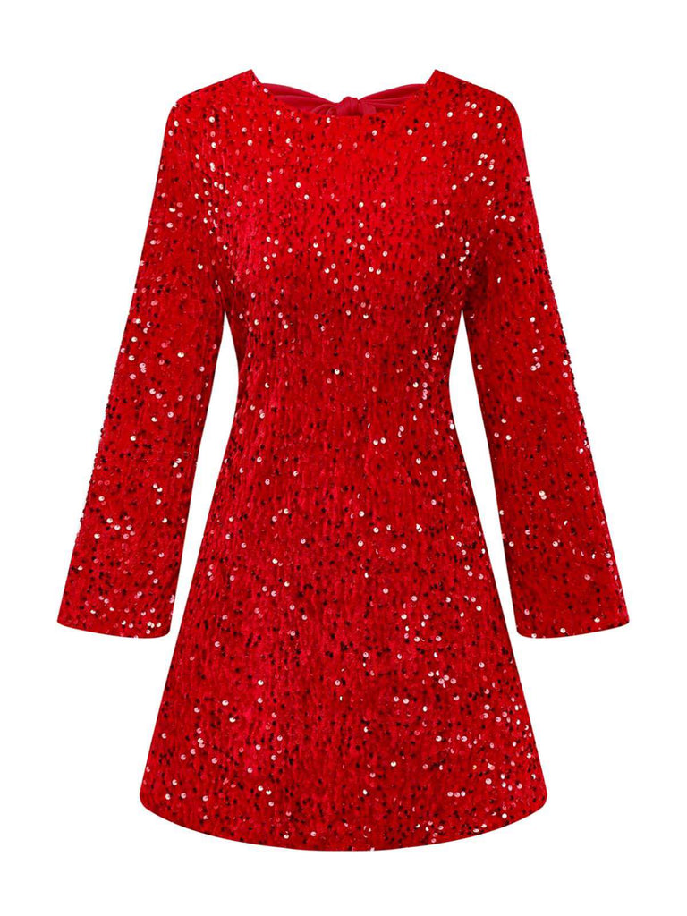 Rot 1960er Pailletten Bogen Rundhals Langarm Kleid
