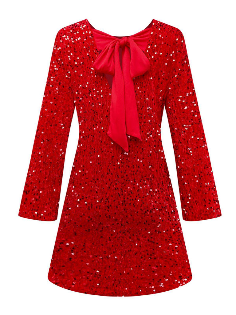 Rot 1960er Pailletten Bogen Rundhals Langarm Kleid