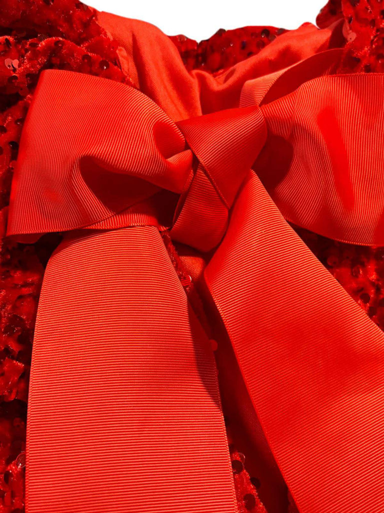 Rot 1960er Pailletten Bogen Rundhals Langarm Kleid