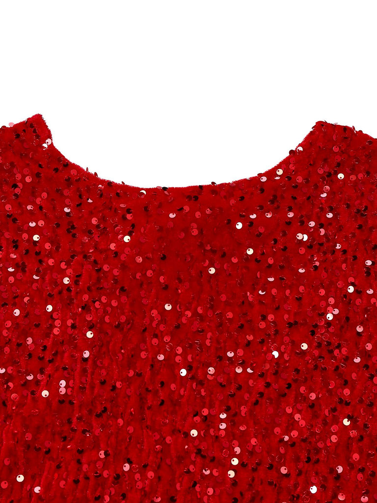 Rot 1960er Pailletten Bogen Rundhals Langarm Kleid