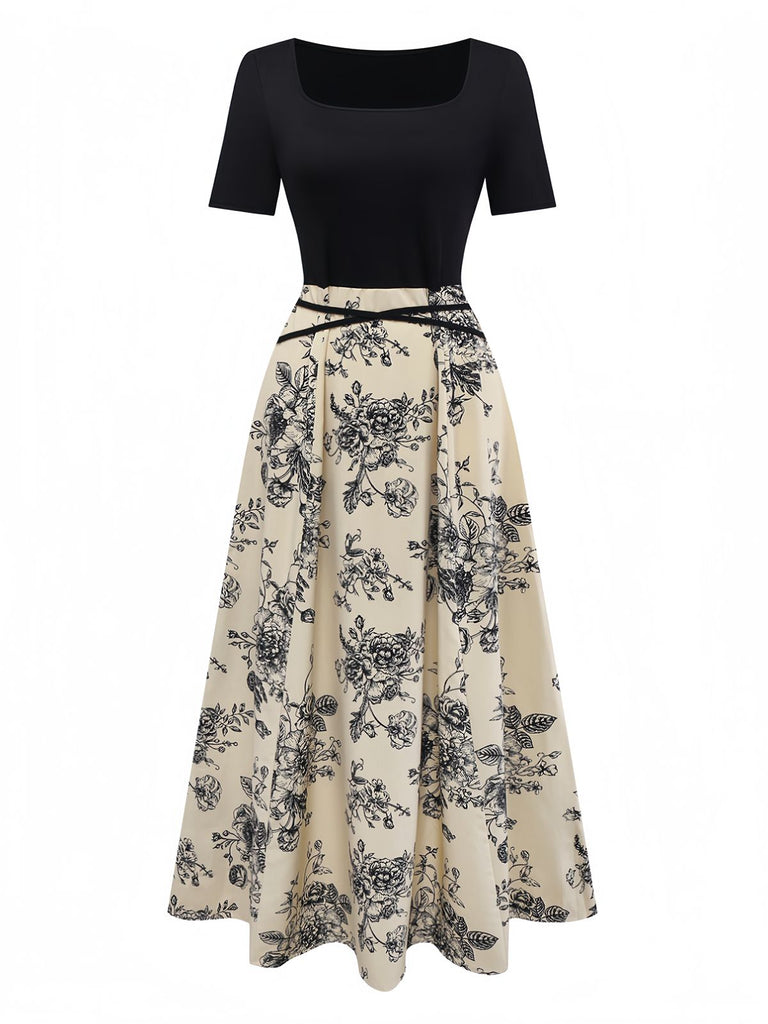 Khaki 1970er Gestricktes Quadratischer Hals Blumen Kleid