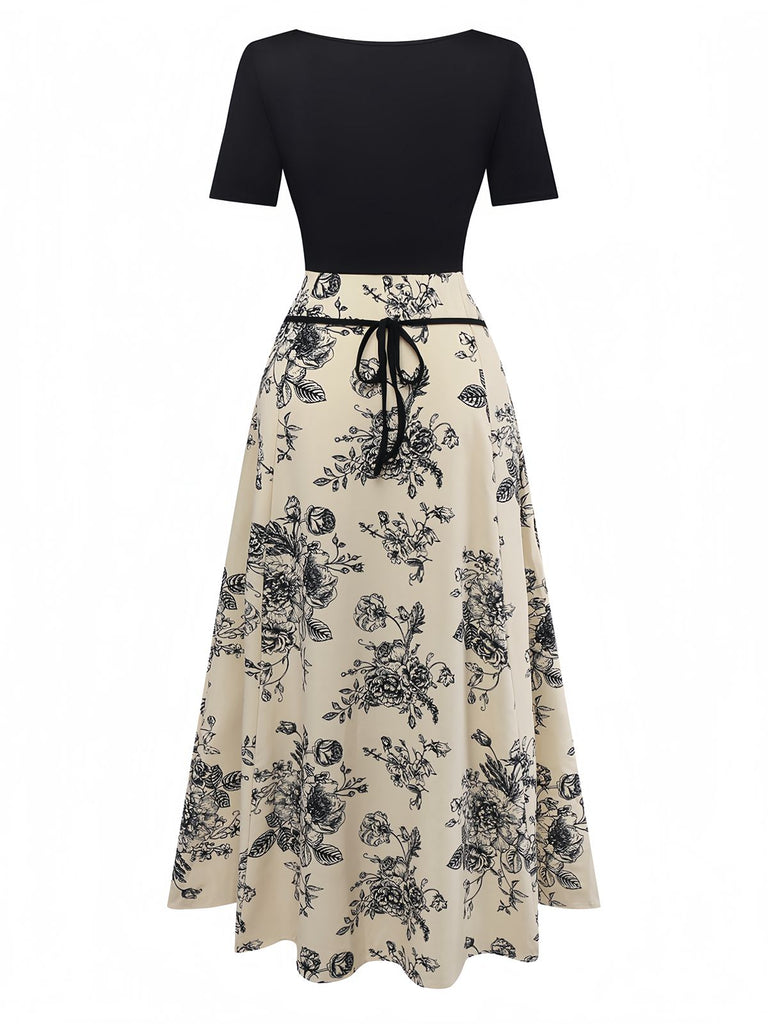 Khaki 1970er Gestricktes Quadratischer Hals Blumen Kleid