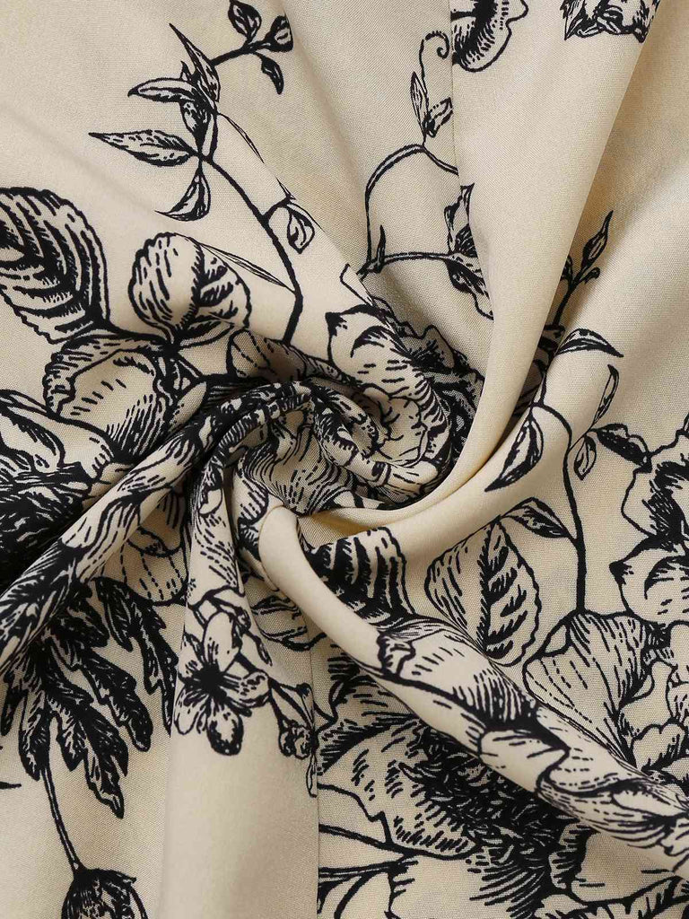 Khaki 1970er Gestricktes Quadratischer Hals Blumen Kleid