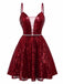 Weinrot 1950er Pailletten Tief-V Netz Kleid