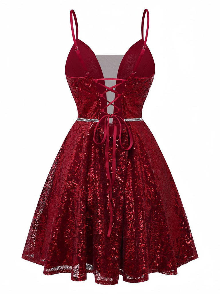 Weinrot 1950er Pailletten Tief-V Netz Kleid