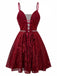 Weinrot 1950er Pailletten Tief-V Netz Kleid