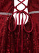 Weinrot 1950er Pailletten Tief-V Netz Kleid