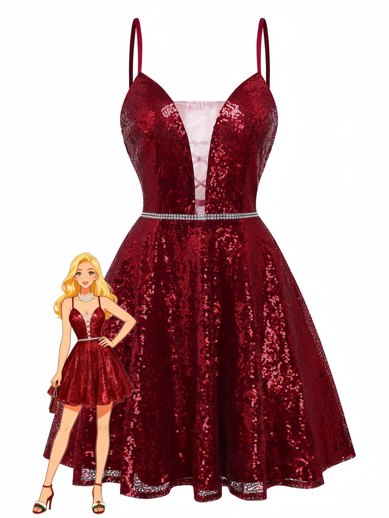 Weinrot 1950er Pailletten Tief-V Netz Kleid