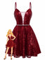 Weinrot 1950er Pailletten Tief-V Netz Kleid