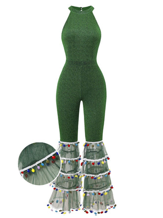 [Vorverkauf] Grün 1980er Solide Glitzernd Verspotten Netz Jumpsuit