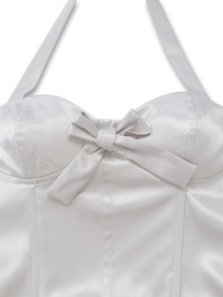 [Vorverkauf] Weiß 1960er Satin Federfransen Bustier Kleid