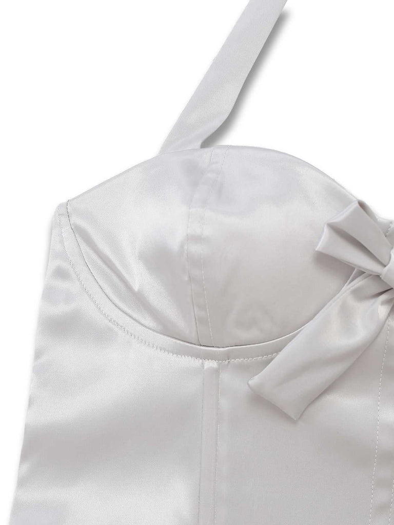 [Vorverkauf] Weiß 1960er Satin Federfransen Bustier Kleid