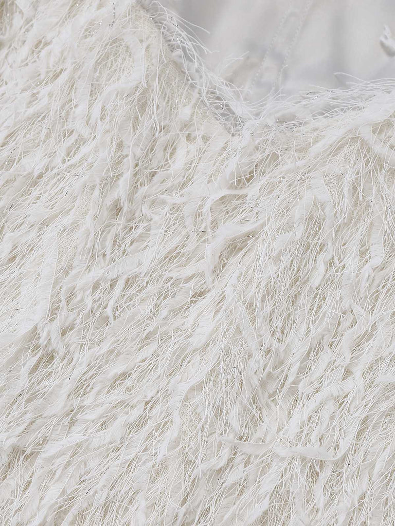 [Vorverkauf] Weiß 1960er Satin Federfransen Bustier Kleid