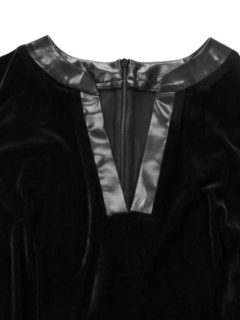 [Vorverkauf] Schwarz 1950er Feder Transparente Ärmel Leder Kleid