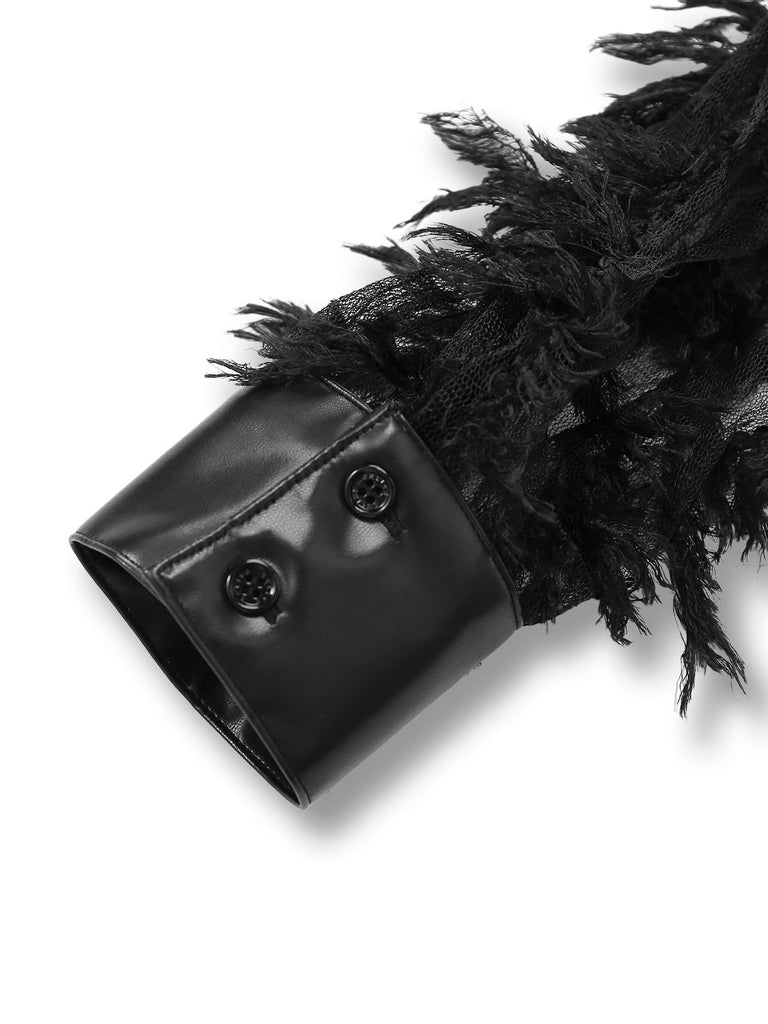 [Vorverkauf] Schwarz 1950er Feder Transparente Ärmel Leder Kleid