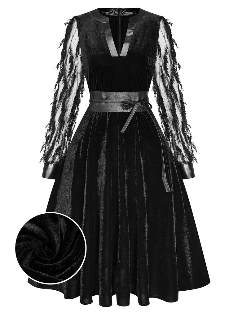 [Vorverkauf] Schwarz 1950er Feder Transparente Ärmel Leder Kleid