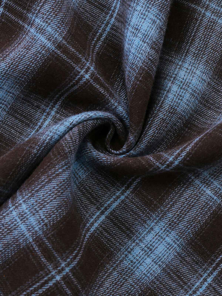 [Vorverkauf] Blau Grau 1940er Karo Herzförmiger Hals Gebürstet Kleid