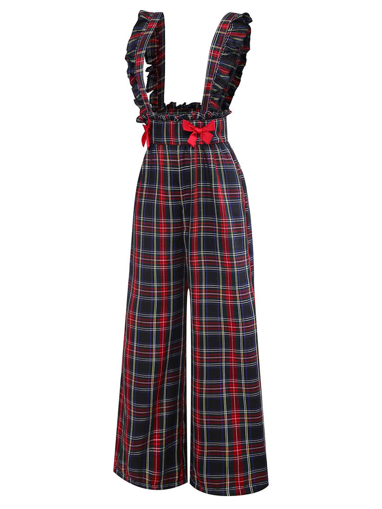 [Vorverkauf] Schwarz 1940er Tartan Plaid Rüschen Bogen Latzhose