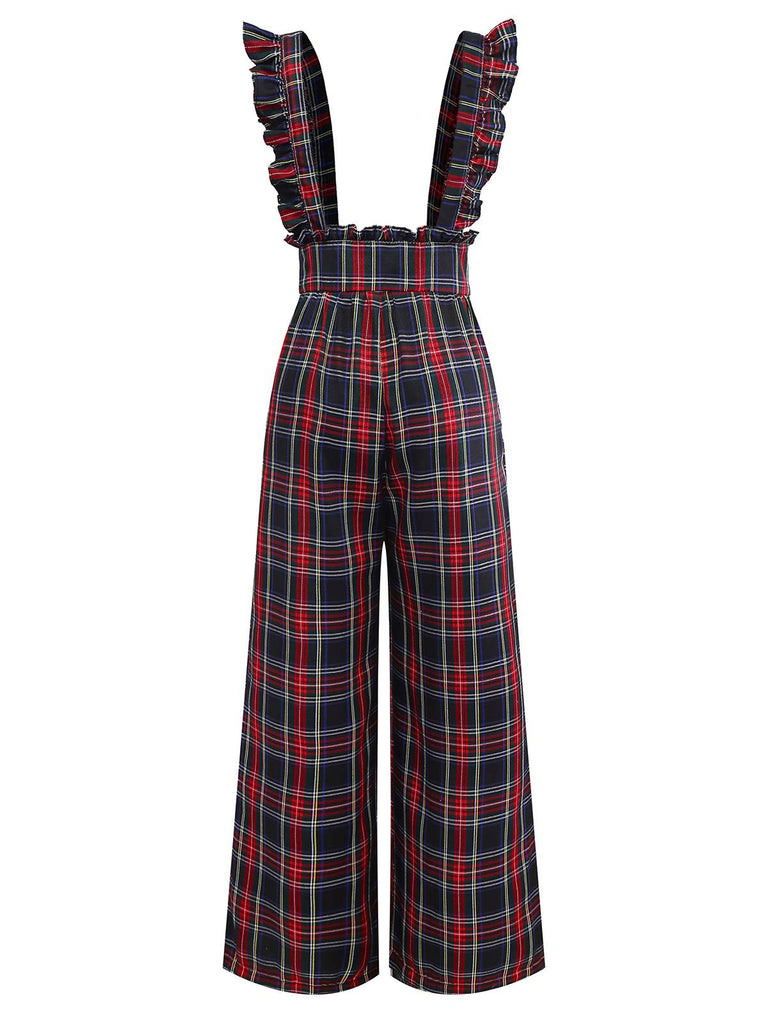[Vorverkauf] Schwarz 1940er Tartan Plaid Rüschen Bogen Latzhose