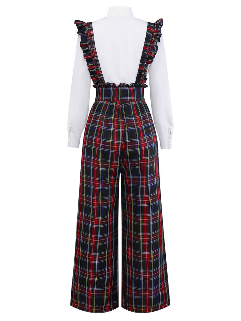 [Vorverkauf] 2PCS Weiß & Schwarz 1940er Bluse & Tartan Latzhose